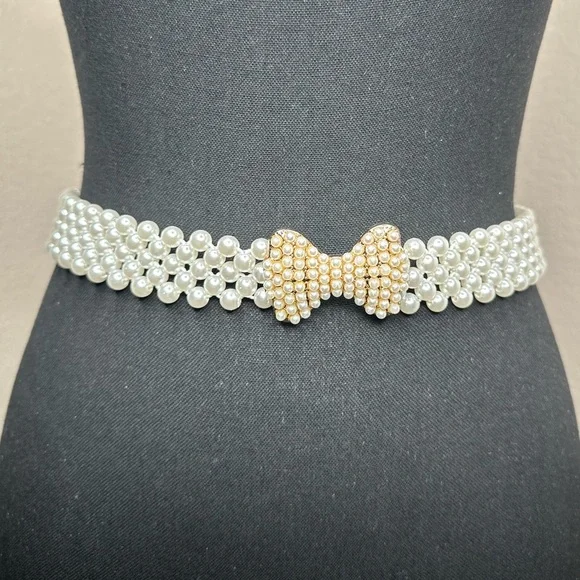 Women's Elastic Golden Pearl Bow Belt - Picture 3 of 7